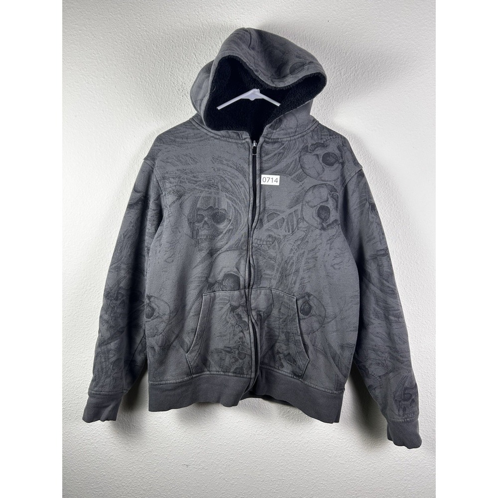 Grunge Skull Allover Print Full Zip Hoodie Sherpa Lined Hood Gray Sz L